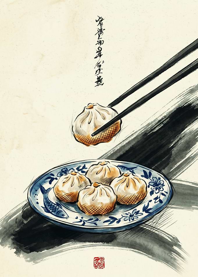 Dumpling Chinese Food Japanese Sumi E Ink Wash Painting Calligraphy Art Print Poster