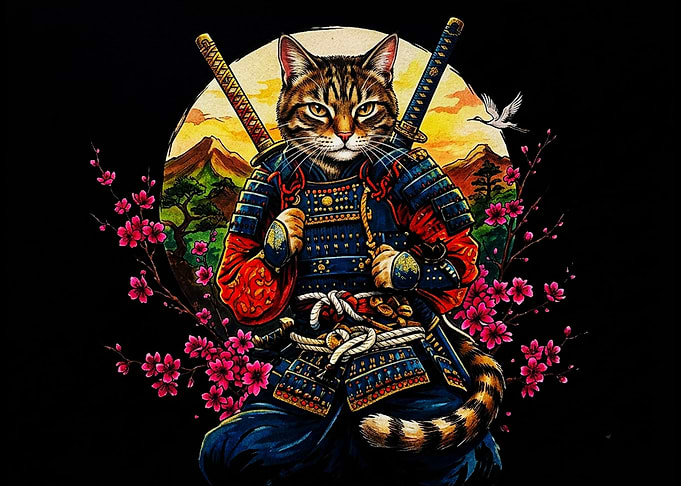 Samurai Cat Warrior with Cherry Blossoms