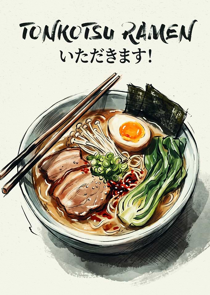 Tonkotsu Ramen Japanese Food Watercolor Art Noodle Bowl Kitchen Wall Decor Poster
