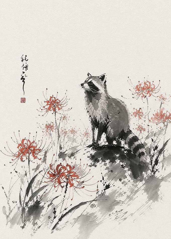 Raccoon and Red Spider Lilies