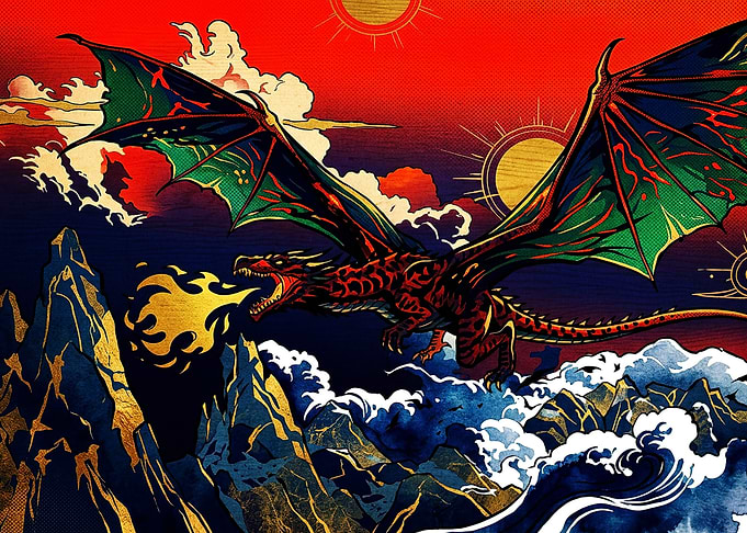 Fire-Breathing Dragon Over Mountain Landscape