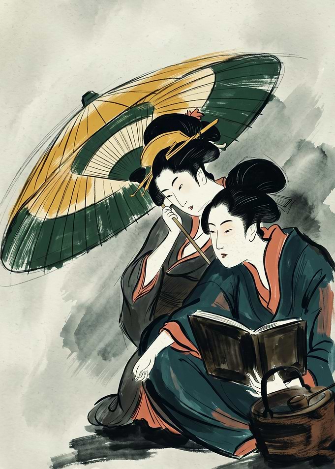 Geisha Reading Book Japanese Culture Ukiyo-e Art