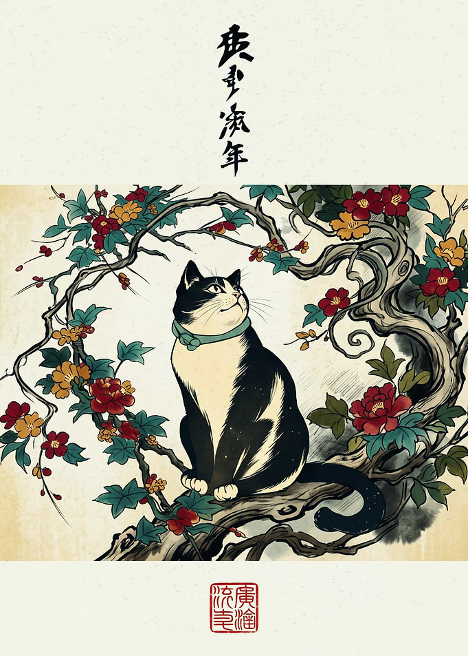 Cat Ukiyo E Art Japanese Print Tree Blossoms Vintage Oriental Aesthetic Wall Poster