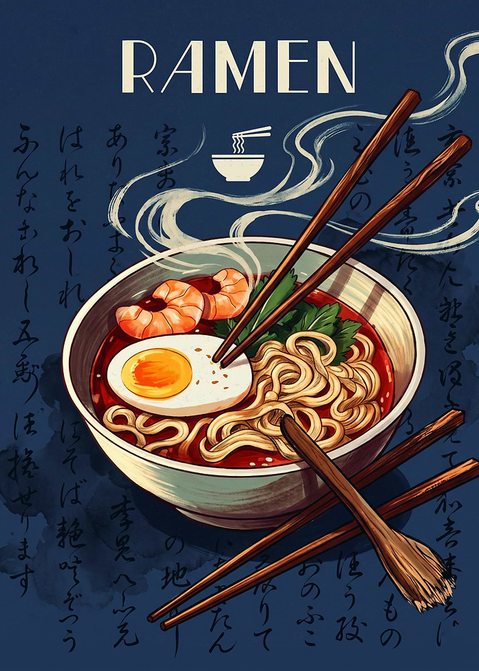 Japanese Ramen Noodle Bowl Vintage Retro Art Print Noodles Foodie Kitchen Wall Decor