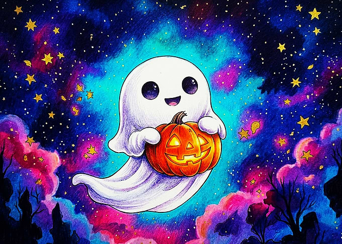 Cute Ghost Holding a Jack-o'-lantern