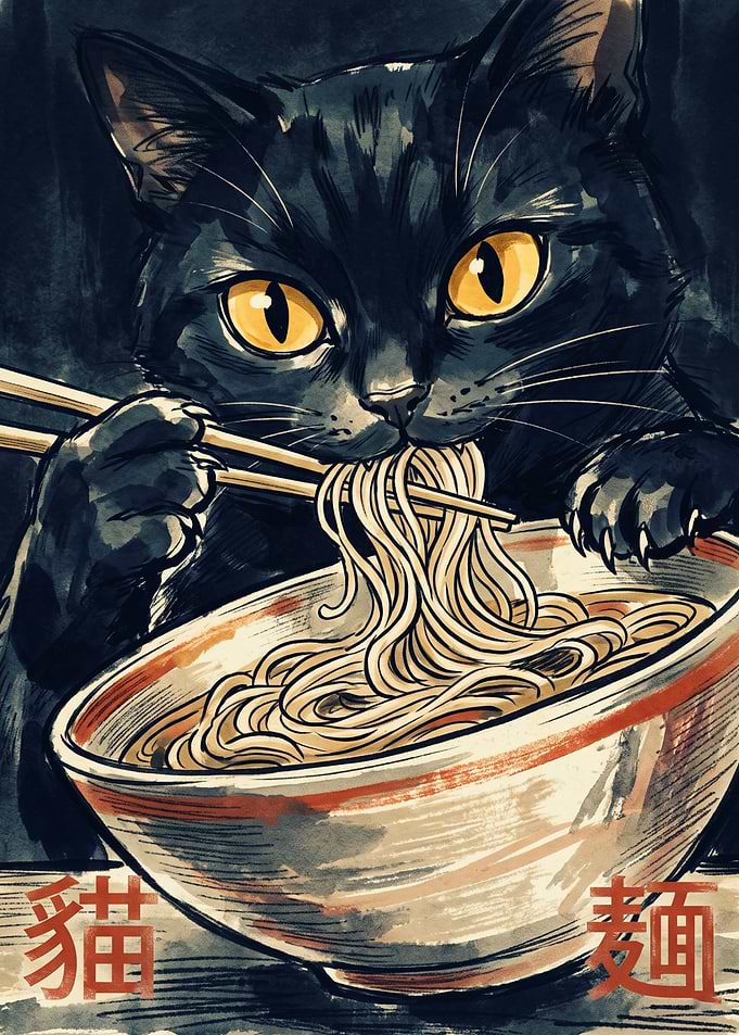 Black Cat Eating Ramen Noodles Japanese Ink Wash Art Cute Animal Kitchen Poster
