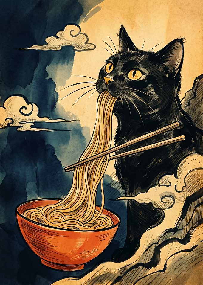 Black Cat Ramen Japanese Ukiyo E Art Print Vintage Noodles Bowl Aesthetic Poster