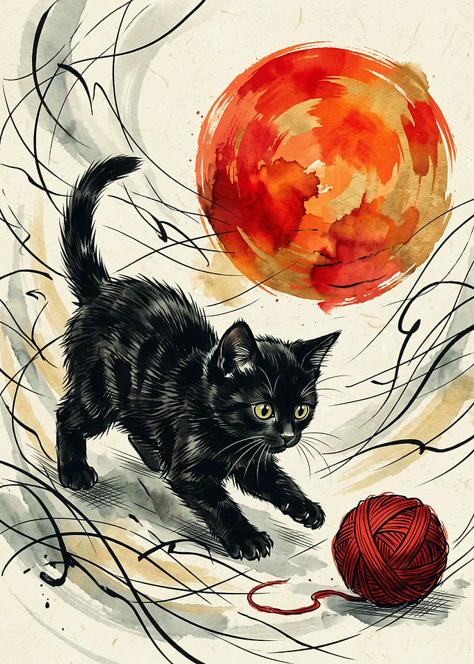 Black Cat Watercolor Painting Red Yarn Ball Sun Japanese Ink Brush Stroke Poster Print