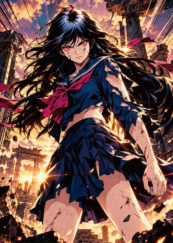 Fierce Anime Girl in Ruined Landscape
