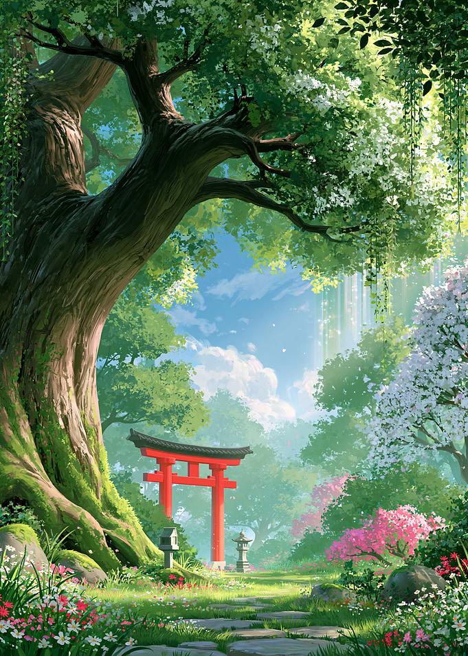 Serene Torii Gate in Lush Forest