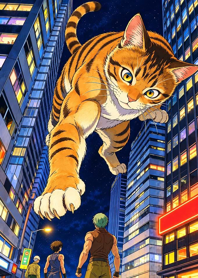 Giant Tabby Cat Over City
