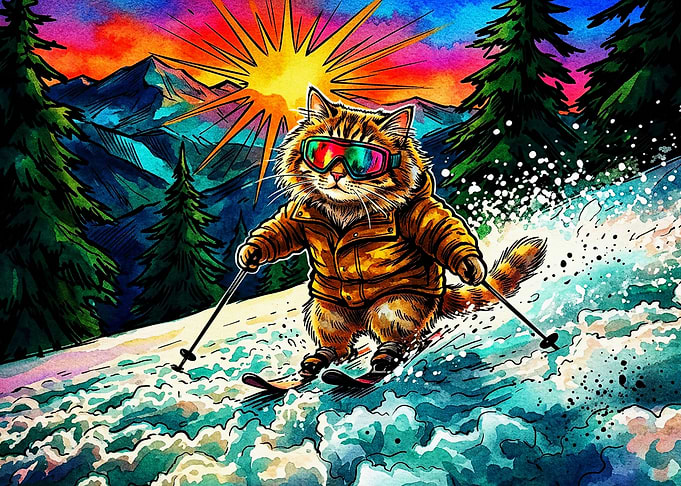 Skiing Tabby Cat in Vibrant Mountains