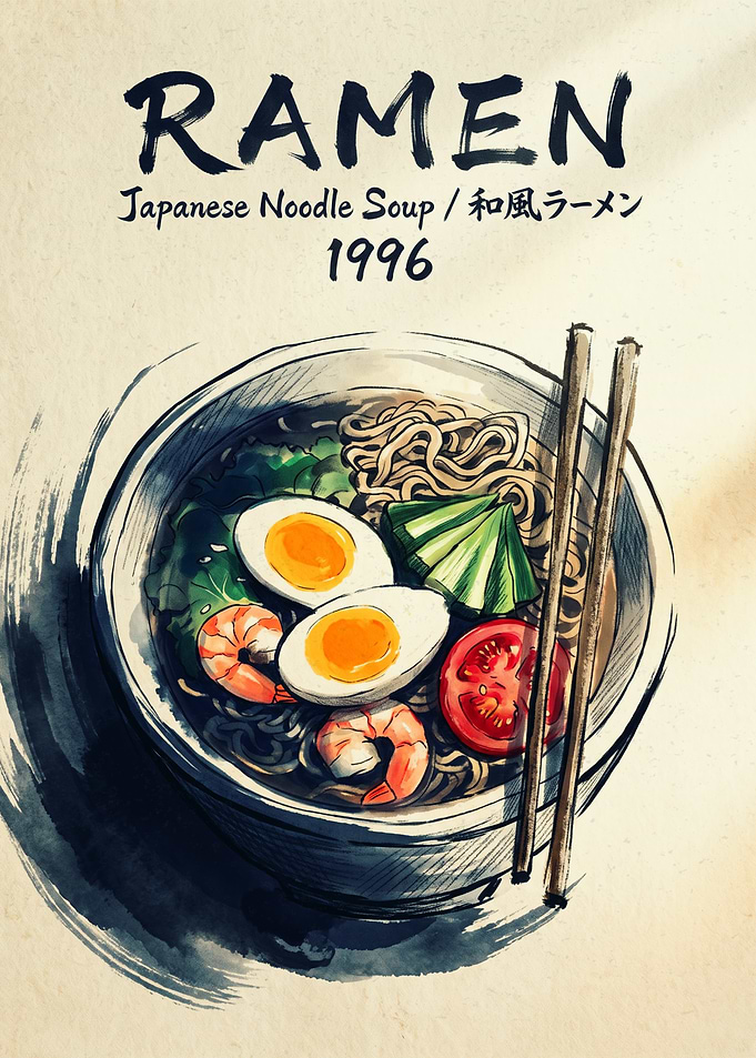 Ramen Japanese Noodle Soup 1996 Watercolor Art Print Food Poster Kitchen Wall Decor