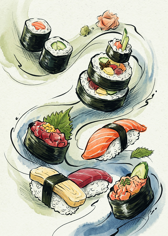 Delicious Sushi Rolls Food Japanese Cuisine Pencil Sketch Art