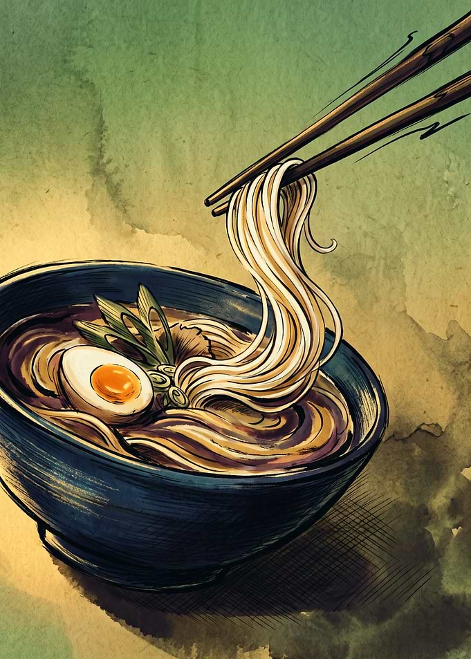 Ramen Noodles Japanese Watercolor Art Chopsticks Bowl Soft Boiled Egg Foodie Poster