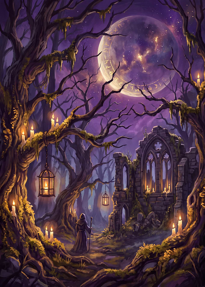 Mystical Forest Ruins Under Runed Moon