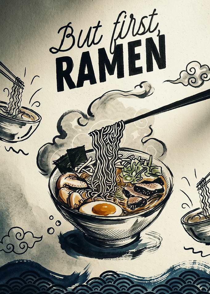 Ramen Noodle Japanese Food Ink Art But First Ramen Quote Kitchen Wall Decor Poster