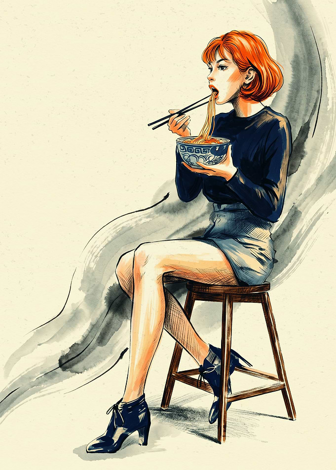 Woman Eating Noodles Food Anime Art Retro Illustration Japanese Ink