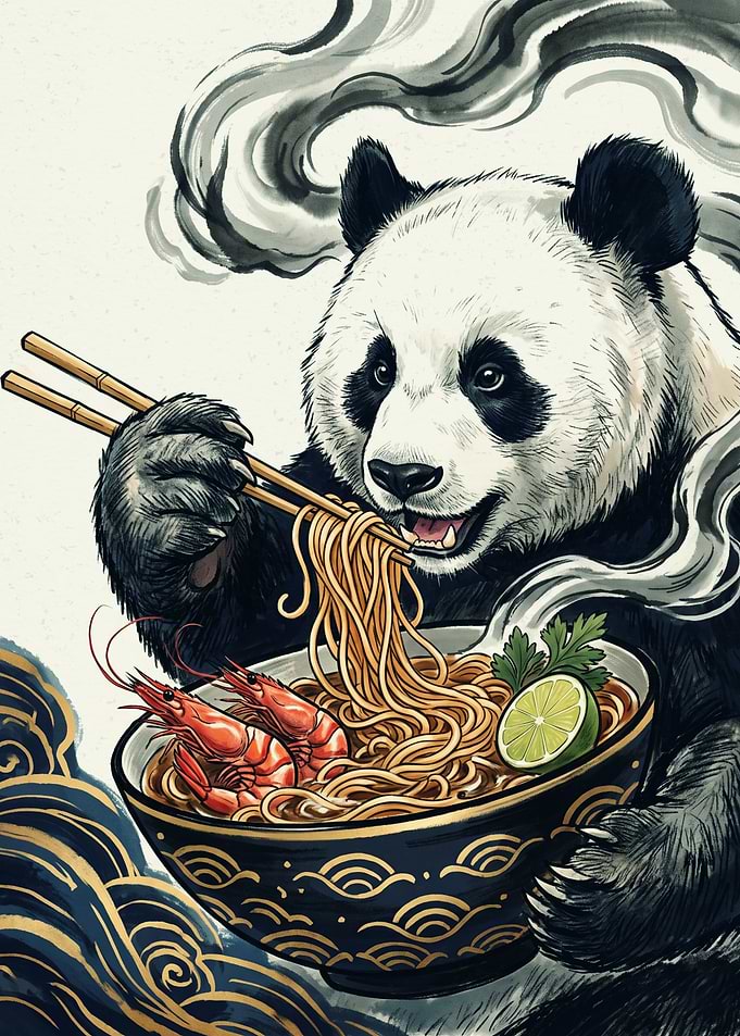 Panda Ramen Japanese Ink Art Shrimp Noodles Bowl Cute Animal Asian Food Poster