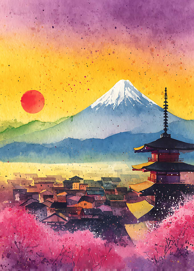 Watercolor Mount Fuji and Pagoda Landscape