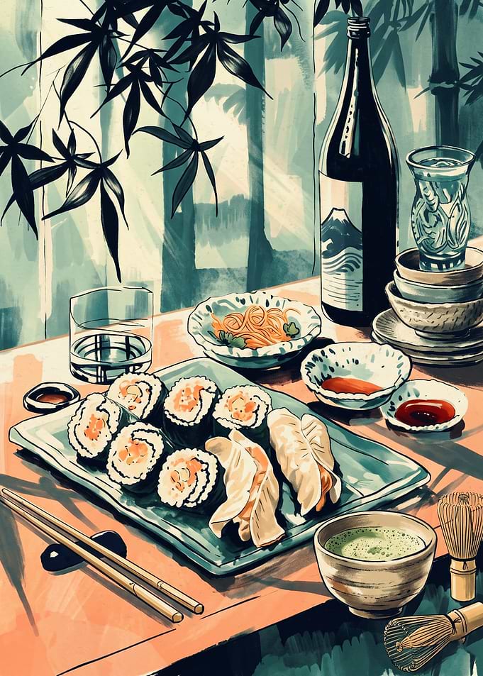 Japanese Sushi And Sake Japanese Food Ghibli Style Anime Art