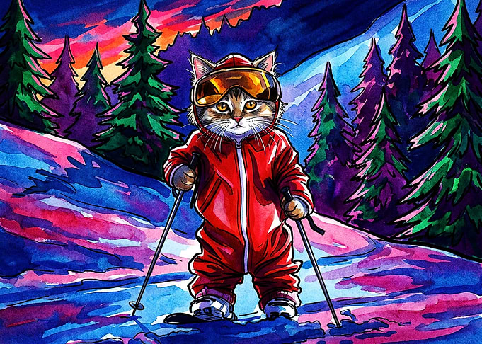 Cute Cat Skiing in Vibrant Winter
