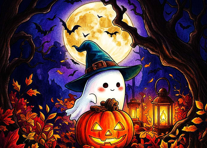 Cute Ghost Wearing Witch Hat