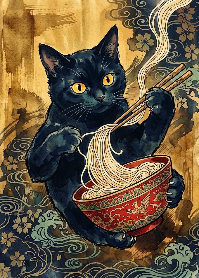 Black Cat Eating Ramen Ukiyo E Art Japanese Noodle Bowl Print Aesthetic Poster
