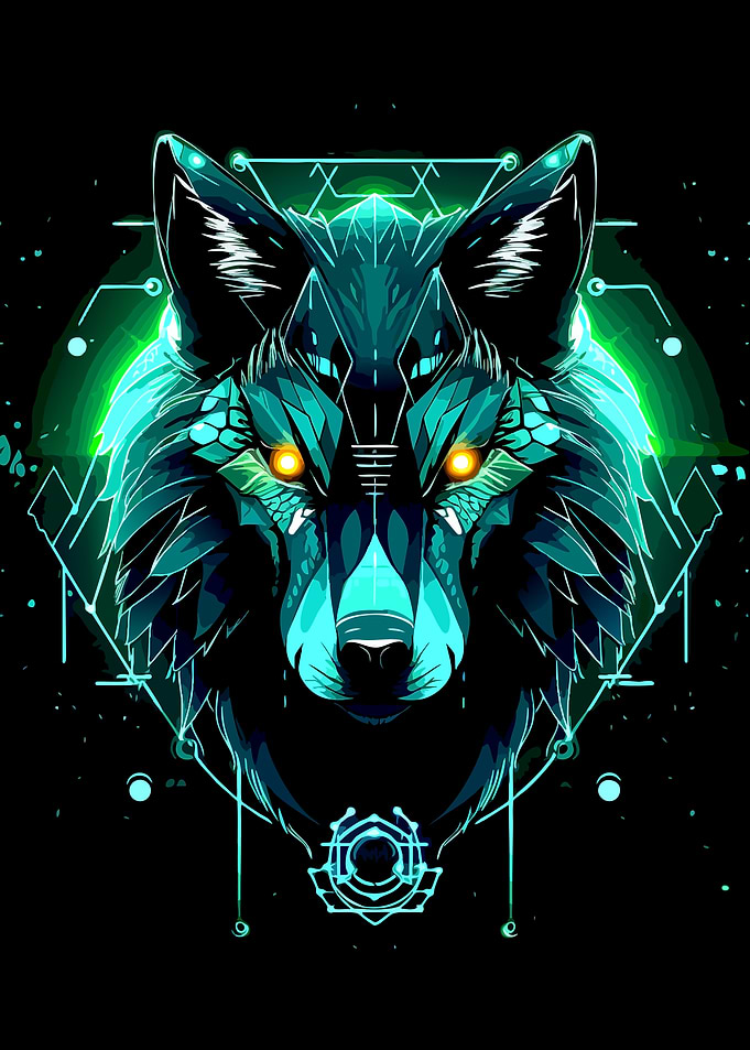 Neon Cybernetic Wolf Portrait