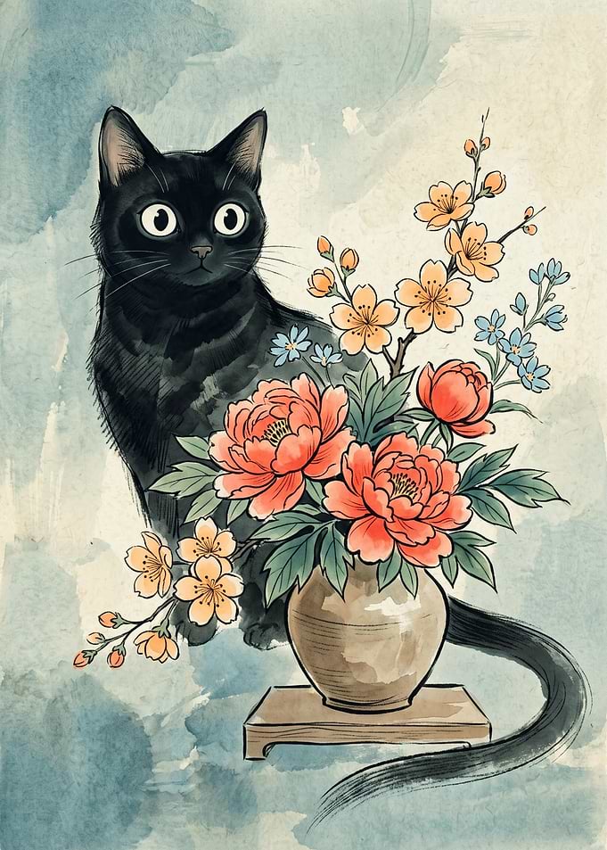 Black Cat With Flowers Japanese Ukiyo-e Art Style