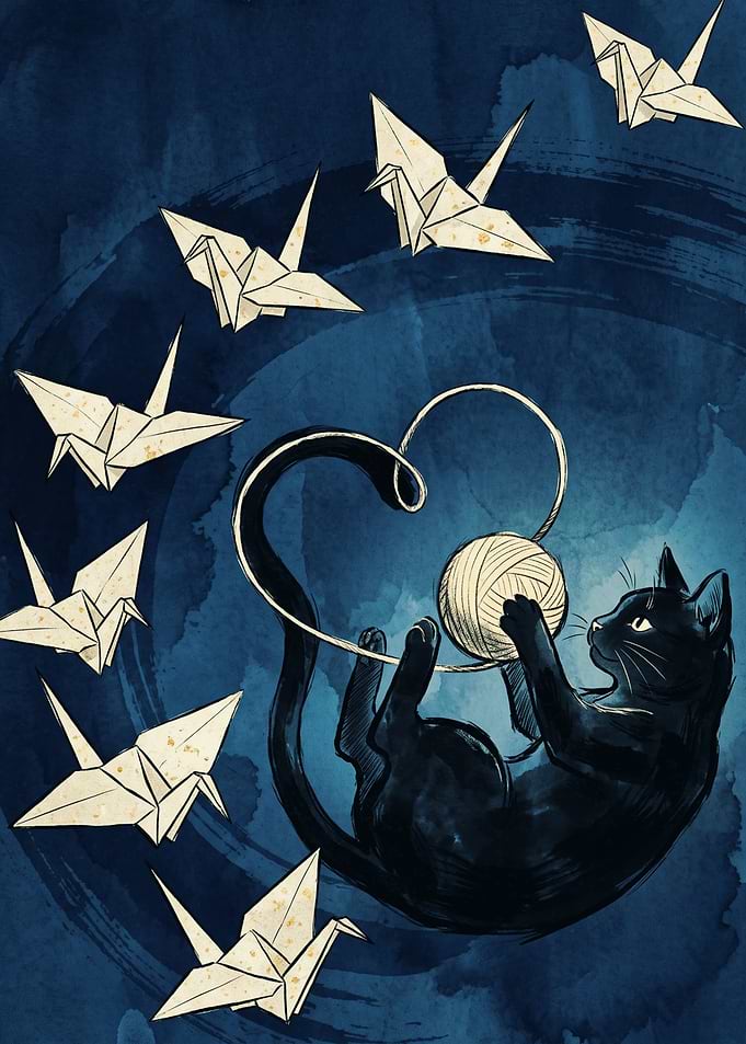Black Cat Playing With Yarn And Origami Cranes Watercolor Japanese Art Style