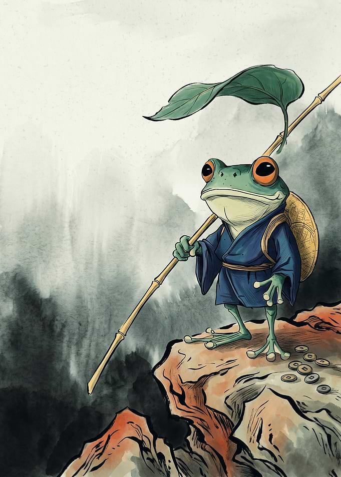 Samurai Frog Japanese Watercolor Art Cute Animal Warrior Bamboo Leaf Umbrella Poster
