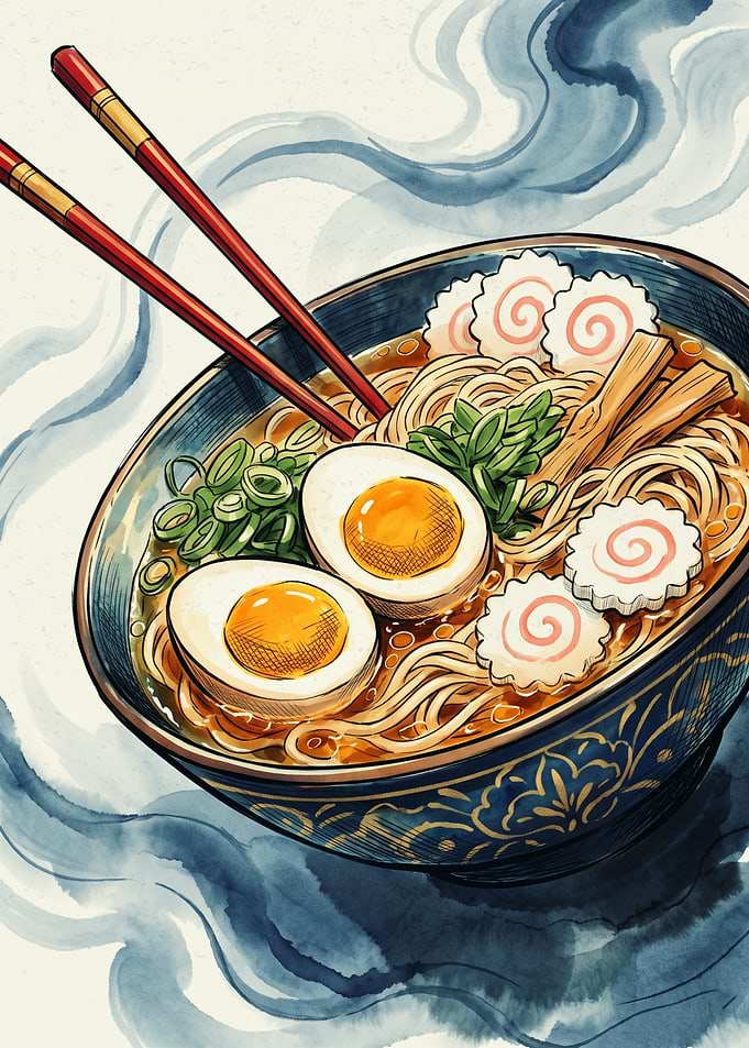 Ramen Bowl Japanese Food Watercolor Art Noodles Chopsticks Asian Kitchen Wall Decor Print