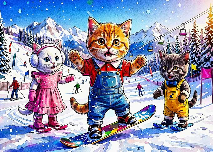 Cute Kittens Snowboarding and Skiing
