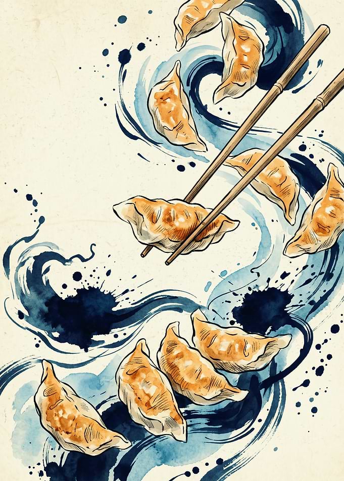 Dumplings Gyoza Japanese Watercolor Art Chopsticks Blue Wave Foodie Kitchen Poster