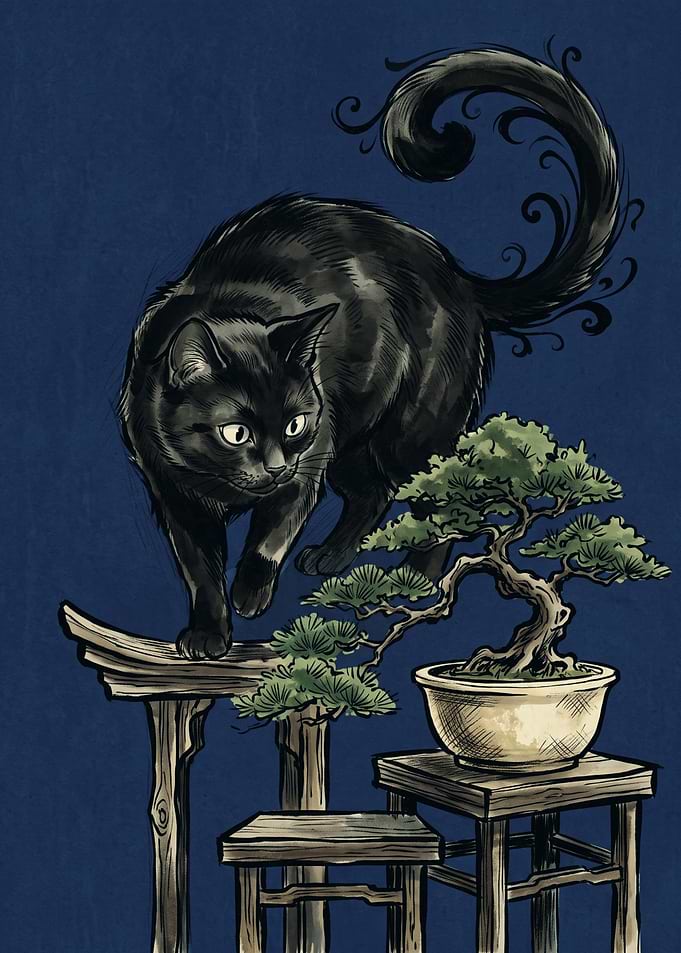Black Cat And Bonsai Tree Japanese Art Print