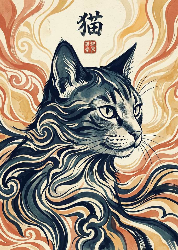 Cat Japanese Ukiyo E Art Print Swirling Smoke Abstract Feline Kanji Poster Wall Decor