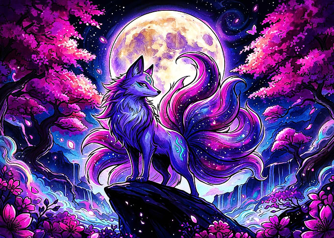 Nine-Tailed Kitsune Under Full Moon
