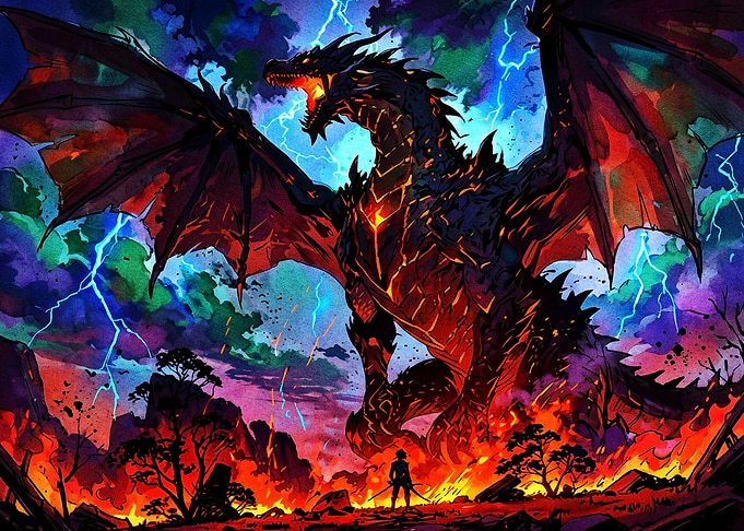 Warrior Facing a Massive Fire Dragon