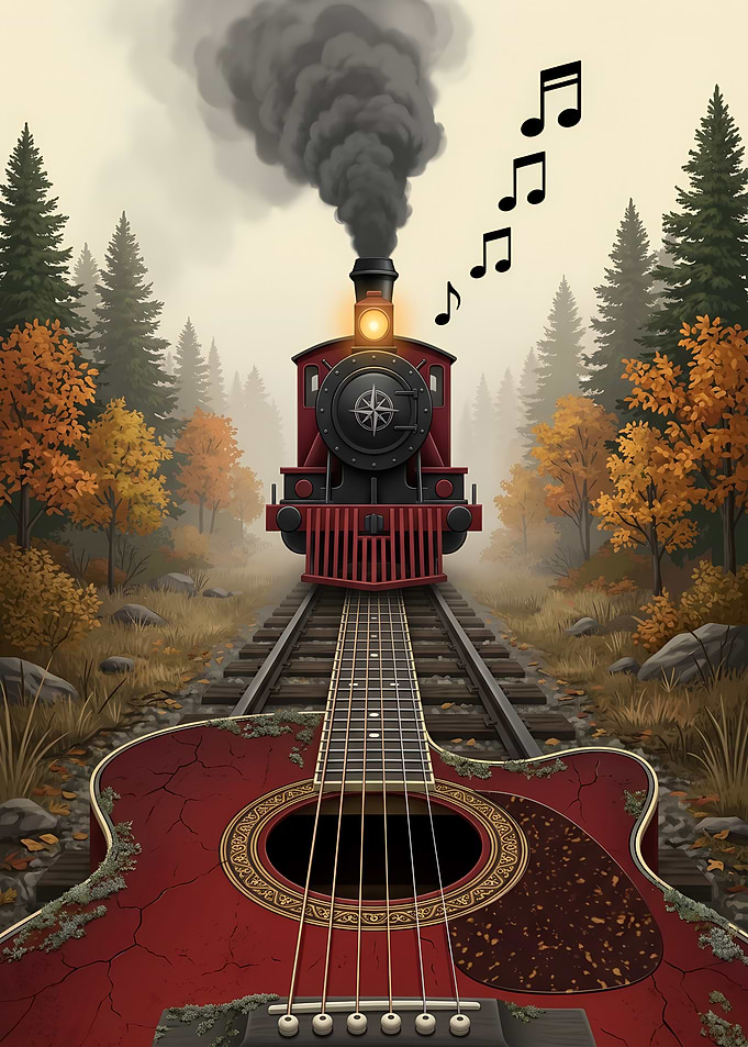 Musical Train Journey Through Autumn Forest Guitar