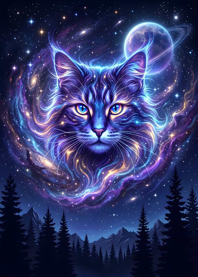 Cat in Cosmic Galaxy Celestial Portrait