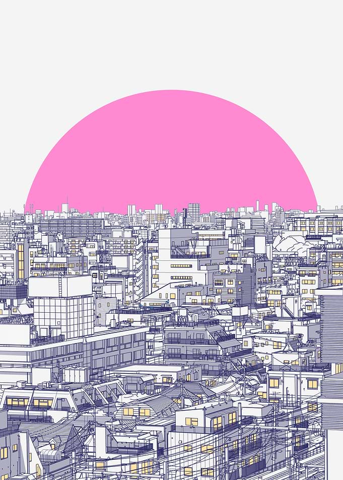 Pink Sun Over Japanese Cityscape