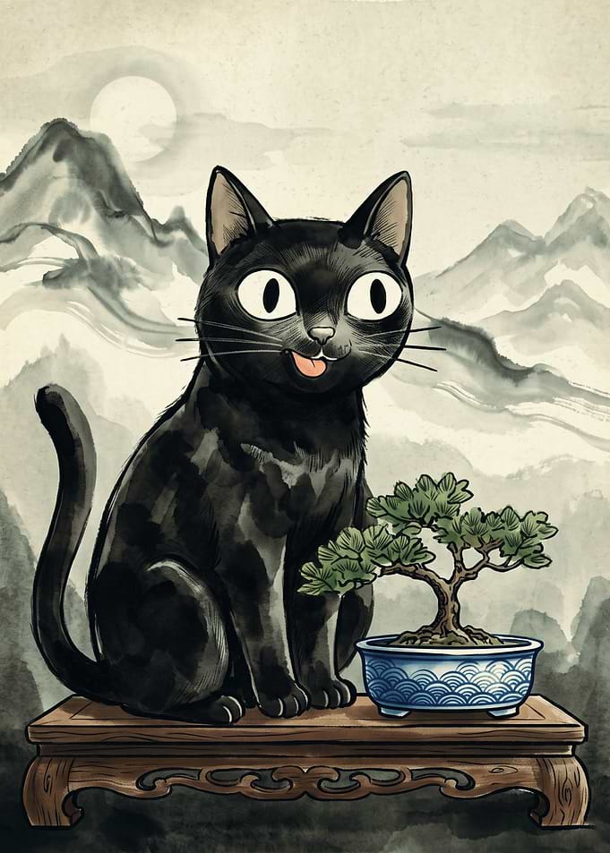 Silly Black Cat Bonsai Tree Japanese Art Style Watercolor Painting