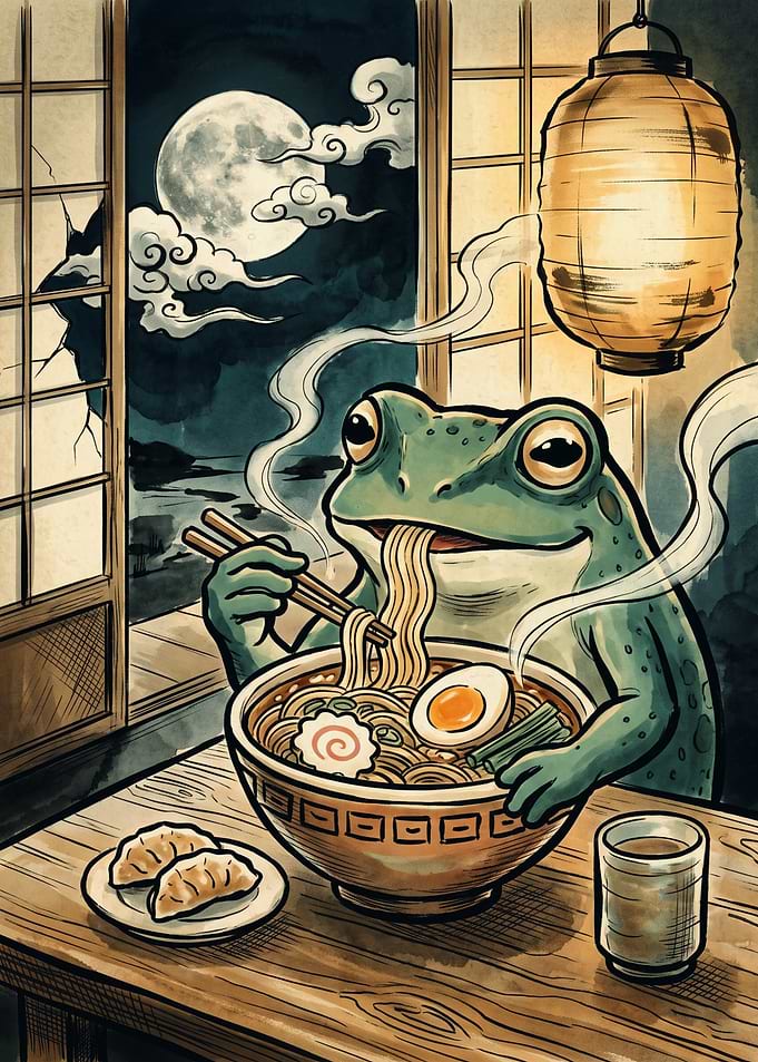 Frog Eating Ramen Japanese Ukiyo E Art Print Full Moon Night Lantern Aesthetic Poster