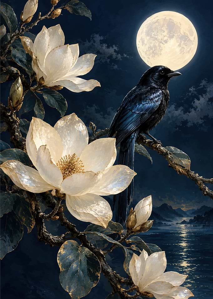 Crow Perched on Magnolia Branch