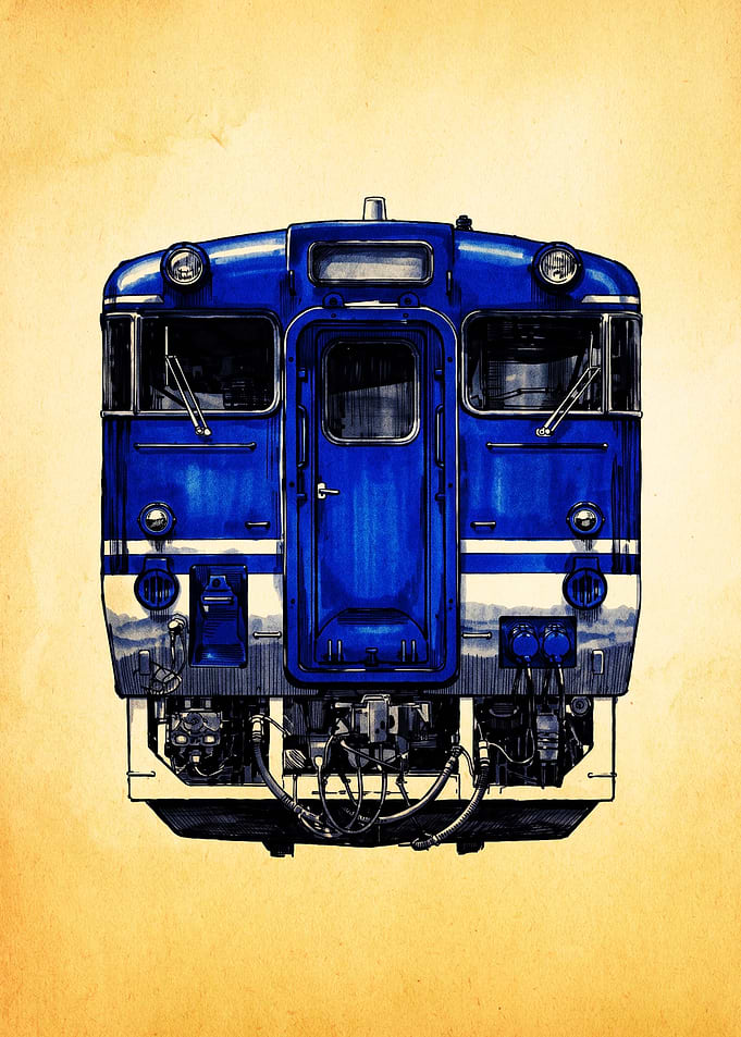 Vintage Blue Japanese Train Front View