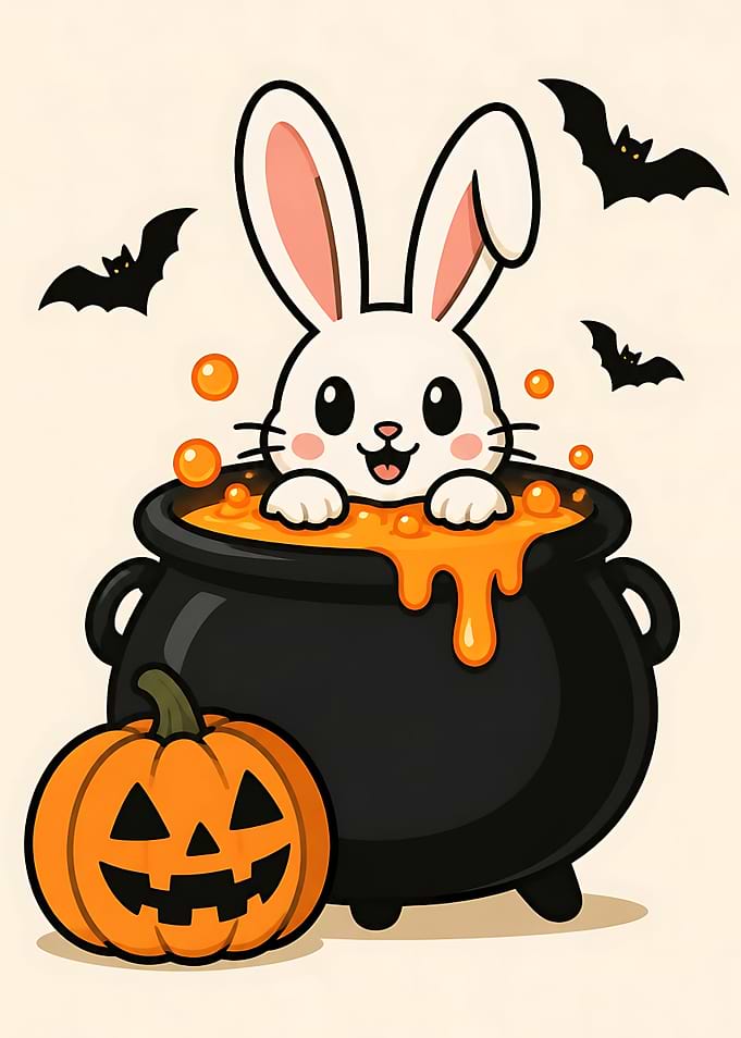 Cute Halloween Bunny in Cauldron