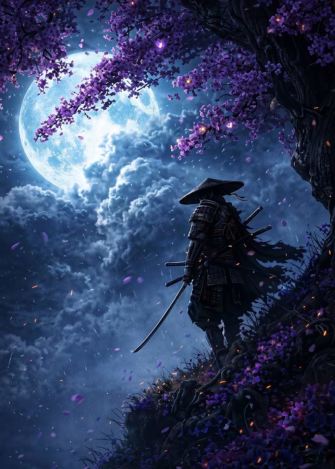 Samurai Moon Blossom Dark Art Poste