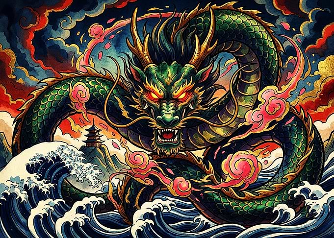 Majestic Green Dragon Over Ocean Waves
