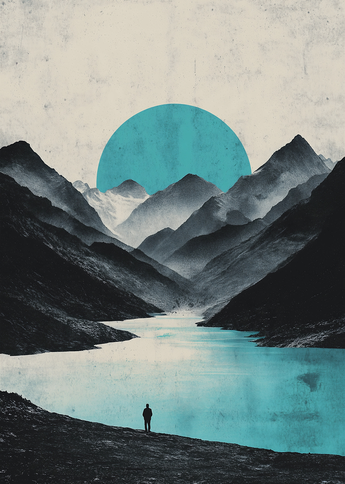 Lone Figure by a Turquoise Alpine Lake